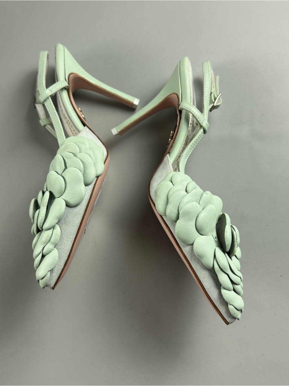 Beautiisoles by Robyn Shreiber 3D Floral Slingback Heels Mint Green Leather 6.5 - Picture 5 of 5